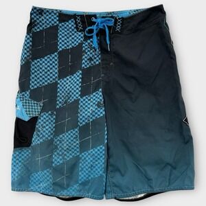 Micros Board Shorts Mens 32 Blue Checkered Skulls Crown Embroidered Swim‎ Trunks
